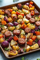 Sheet pan with roasted sausage slices, colorful roasted vegetables including carrots, red onion, potatoes, and herbs, creating a warm and appetizing meal