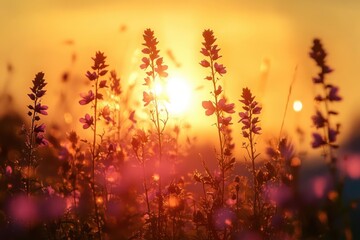 Sunset glowing behind tall wildflowers with warm golden and purple hues in a peaceful natural field