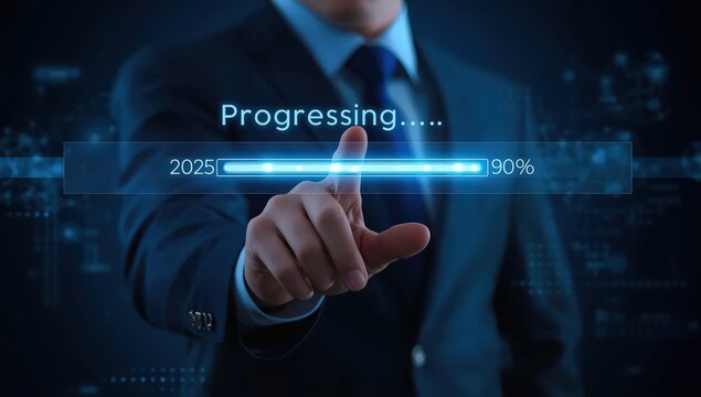 Man interacting with a progress bar showing ninety percent completion towards the year twenty twenty five
