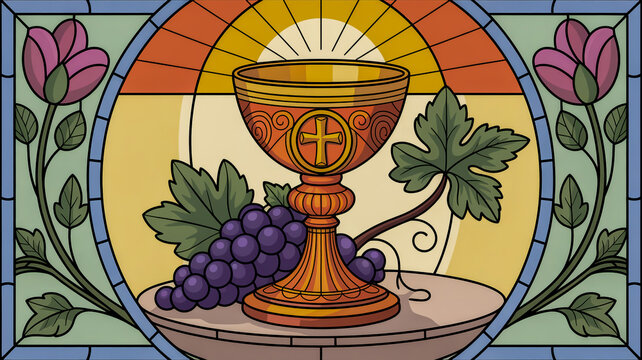 Stained glass window with chalice grapes and floral motifs symbolizing communion goblet