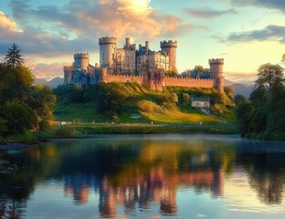 Majestic medieval stone castle with towers and battlements illuminated by golden sunset on a lush green hill, reflected in calm river surrounded by trees under colorful sky