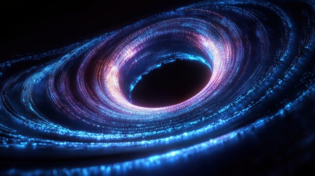 Glowing spiral vortex with blue and purple luminous particles swirling around a dark central void, creating a mesmerizing and dynamic cosmic effect