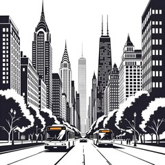 Black and White City Skyline with Tall Skyscrapers in Bold Style