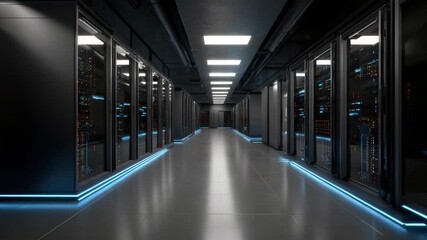 Data center corridor with server racks and blue LED lights showcasing modern high tech technology, reflective floor, network equipment, and illuminated ceiling creating futuristic environment - Powered by Adobe