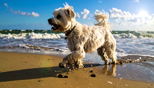 Playful white dog on a sandy beach - Powered by Adobe