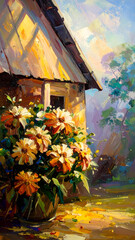Old Garden with Wilting Marigolds Beneath Slanted Shed Roof