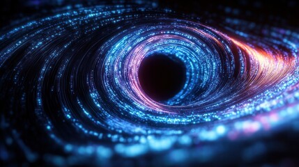 Digital glowing spiraling vortex with vibrant neon blue and purple lights swirling into a dark central core conveying futuristic energy and depth
