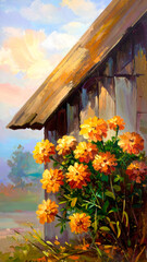 Old Garden Scene with Wilting Marigolds Beneath Slanted Shed Roof