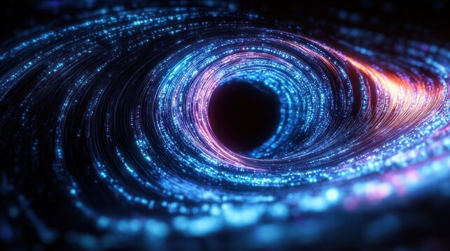 Digital glowing spiraling vortex with vibrant neon blue and purple lights swirling into a dark central core conveying futuristic energy and depth