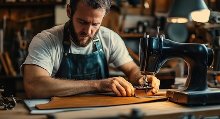 Focused man working on leather crafting using stitching machine in a warm workshop environment