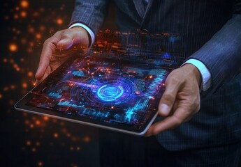 person holding a tablet displaying futuristic blue and orange holographic digital interface with charts and data visualizations