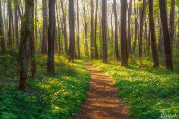 Obraz premium Sunlit forest path surrounded by tall trees and lush green undergrowth during morning or evening light