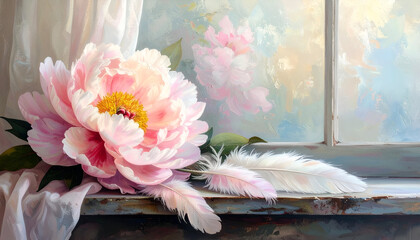 Soft Pink Bloom Lying Beside Feathers on Window Bench