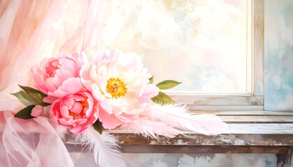 Soft Blooming Flowers with Feathers on a Window Bench
