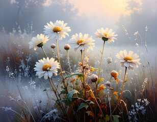 Frost-Kissed Daisy Cluster in Early Morning Light Over Field