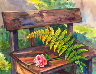 Fern and Bloom on Wooden Bench in a Colorful Garden Setting