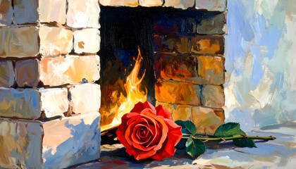 Warm Red Rose Beside Hearth with Flickering Flames and Bricks