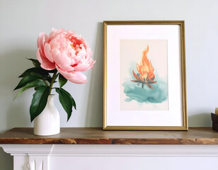 Single Pink Flower Beside Framed Art on Cozy Mantle Display