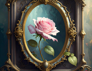 Antique Mirror Frame with Delicate Rose Beneath Soft Light