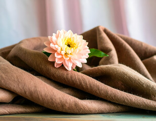 Soft Woolen Scarf with Gathered Folds and Blooming Flower Accent