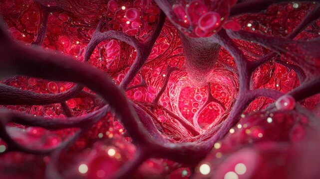 Red blood cells flowing through blood vessel with detailed vascular structure showing dynamic movement vibrant red color inside human circulatory system microscopic biology anatomy medical bloodstream