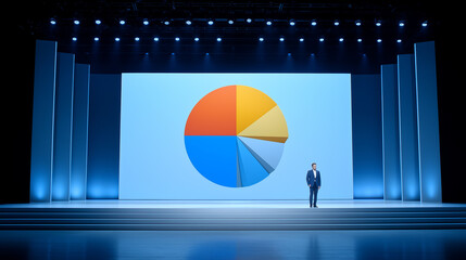 Business presentation stage with massive pie chart projected on LED screen