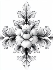 Detailed black and white floral ornamental design with a central blooming flower and symmetrical curling leaves creating an elegant, vintage decorative pattern