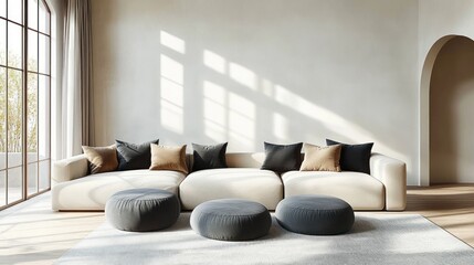 Bright minimalist living room with large windows, beige sectional sofa with neutral throw pillows, three gray poufs, and a light area rug on wood flooring
