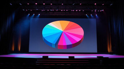 Business presentation stage with massive pie chart projected on LED screen