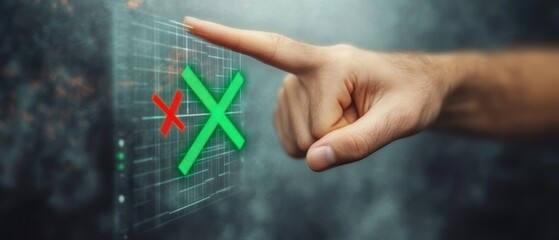 Hand pointing at digital screen with red and green X marks indicating a choice or decision in a futuristic environment