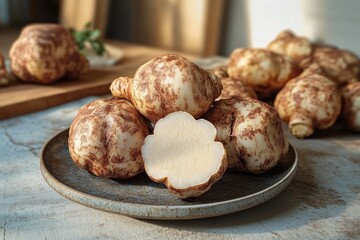 Fresh purple and white striped tubers with a smooth tan interior on a ceramic plate with more tubers blurred in the background on a rustic surface