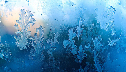 Fototapeta premium Frosted Glass Pane with Intricate Bloom Patterns and Soft Background