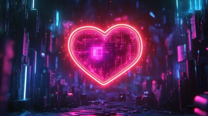 Glowing pink neon heart with circuit patterns floating in a dark futuristic digital environment with blue and purple lights