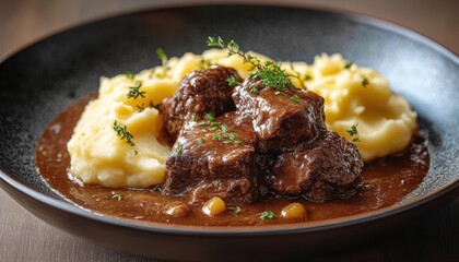 Plate of stewed beef chunks in rich brown gravy served with creamy mashed potatoes garnished with fresh green herbs on a dark plate