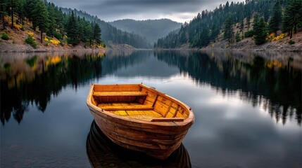 Fototapeta premium Wooden rowboat on calm lake with forest reflection