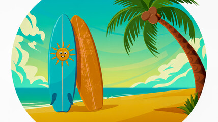 Two Surfboards on a Tropical Beach with Palm Tree and Sun ocean