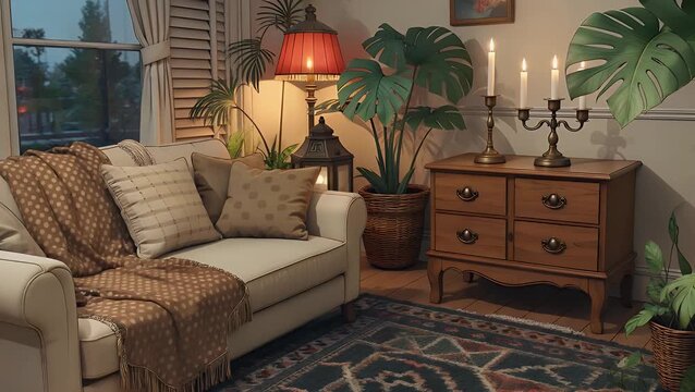 video wallpaper animated vtuber backgrounds stream overlay loop asset twitch zoom obs screen cozy boho living room sofa rug candles lantern greenery anime chill room interior