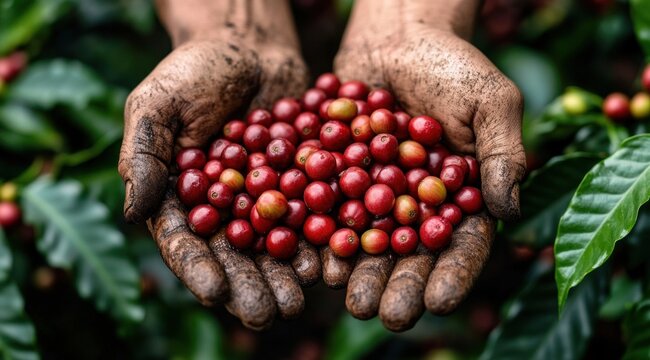 Two dirty hands holding a handful of ripe red coffee cherries among green coffee plant leaves - Powered by Adobe