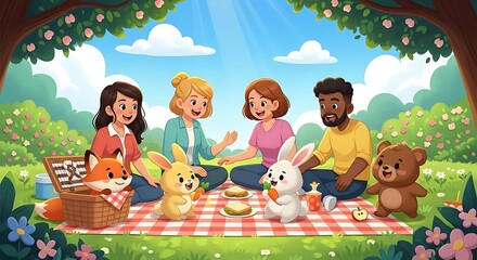 Diverse group of friends enjoying a sunny picnic with animal companions in a lush park setting.