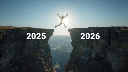 A person jumping from cliff labeled with year to another cliff with year on a sunny day
