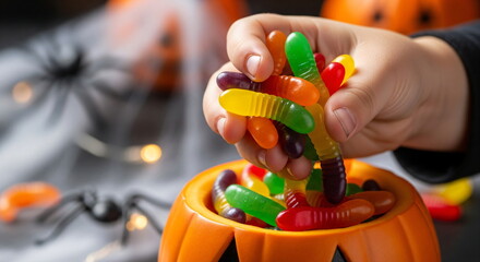 Child hand grabs colorful gummy worms from a glass bowl, set with Halloween decorations for a spooky candy treat.