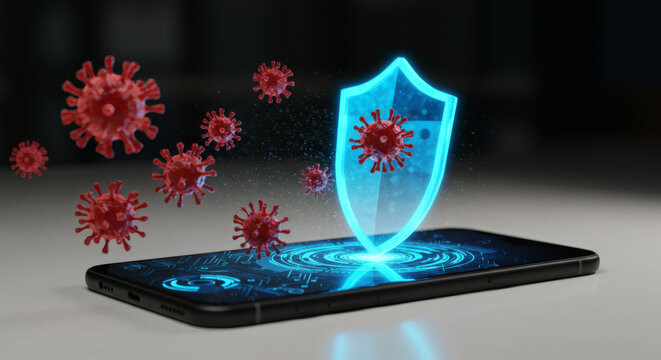 Mobile digital defense A luminous shield on a smartphone screen repels viral particles, symbolizing robust cybersecurity and health protection in the digital era