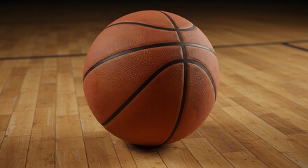 Obraz premium Detailed Close-Up of a Basketball on a Wooden Court, Warm Lighting.