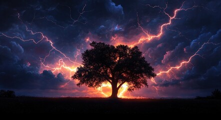 Silhouetted large tree glowing against a dramatic stormy sky filled with vibrant lightning and dark clouds at sunset