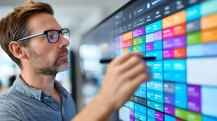 Obraz premium Professional Man Using a Stylus on a Digital Screen for Collaborative Planning or Project Management in a Modern Office Space
