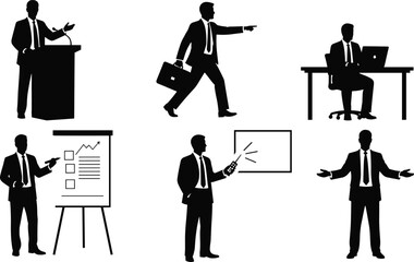 Businessman giving presentation, working at desk, leadership communication, office teamwork, corporate growth strategy, professional manager, conference speech, company success