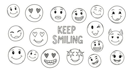 Spread joy and positivity with a collection of cheerful smiley faces and the inspiring "Keep Smiling" message.