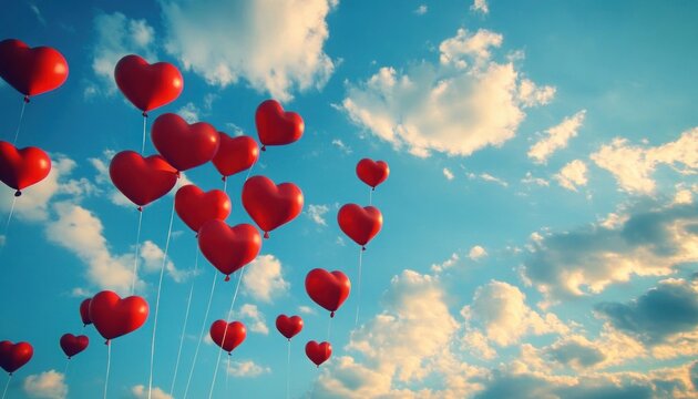 Bright blue sky with scattered clouds and numerous red heart-shaped balloons floating upwards conveying a joyful and loving atmosphere - Powered by Adobe