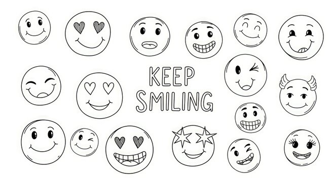 Spread joy and positivity with a collection of cheerful smiley faces and the inspiring "Keep Smiling" message.