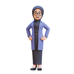 3D cartoon muslim female teacher character Standing Confident Hand on Hip